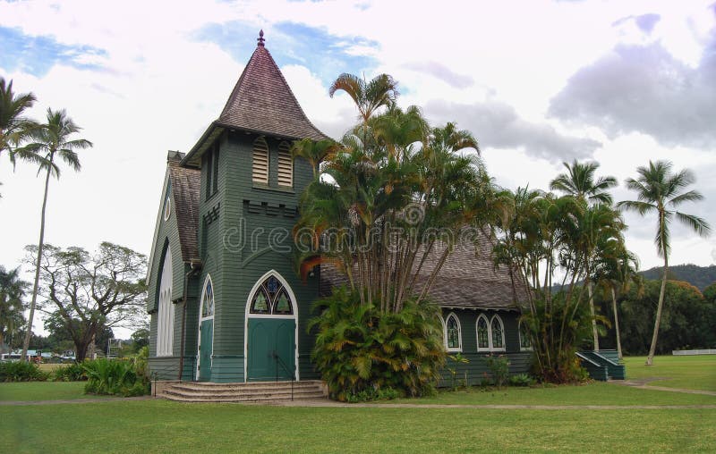 Chiesa verde di Kaui anche conosciuta come la chiesa di Waioli Huiia fotografia stock libera da diritti Chiesa verde di Kaui anche conosciuta come la chiesa di Waioli Huiia fotografia stock libera da diritti