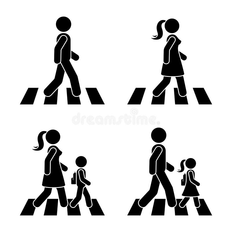 Chiffre de bâton marchant le pictogramme piétonnier d'icône de vecteur Homme, femme et enfants croisant l'ensemble de route illustration stock Chiffre de bâton marchant le pictogramme piétonnier d'icône de vecteur Homme, femme et enfants croisant l'ensemble de route illustration stock