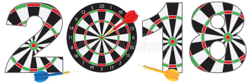 2018 Happy New Year Dartboard with Darts on Hitting Target Bullseye Numerals Outline vector Illustration Isolated on White Background. 2018 Happy New Year Dartboard with Darts on Hitting Target Bullseye Numerals Outline vector Illustration Isolated on White Background