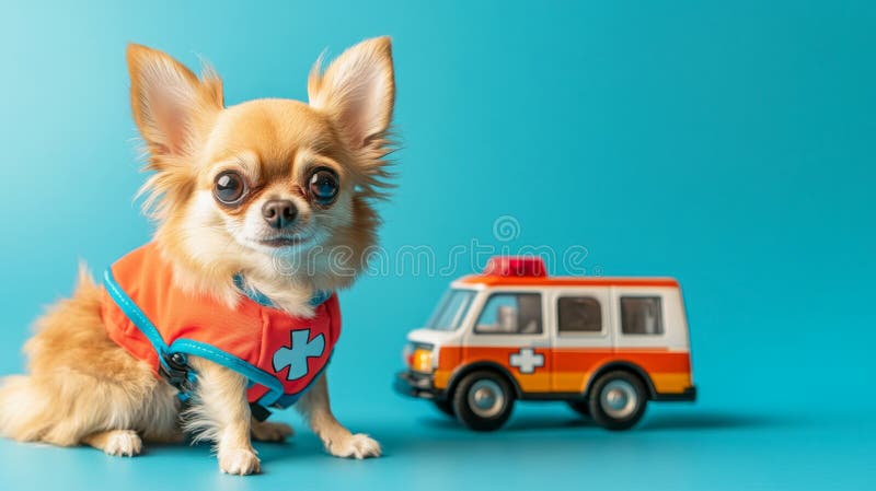 Chihuahua Câine îmbrăcat în costum lângă jucărie Ambulanță Vehicul stock illustration
