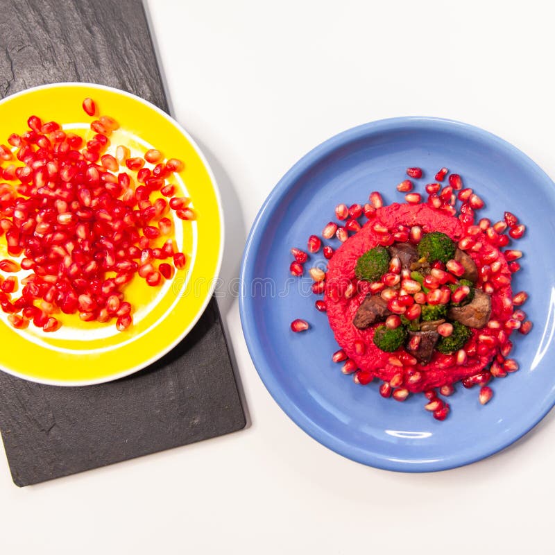 Chiken Liver and Hummus Dish on White Table. Stock Photo Image of