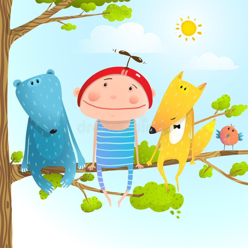 Child animal friends childhood sitting tree branch in sky stock illustration Child animal friends childhood sitting tree branch in sky stock illustration