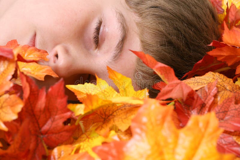 Child asleep in autumn leaves