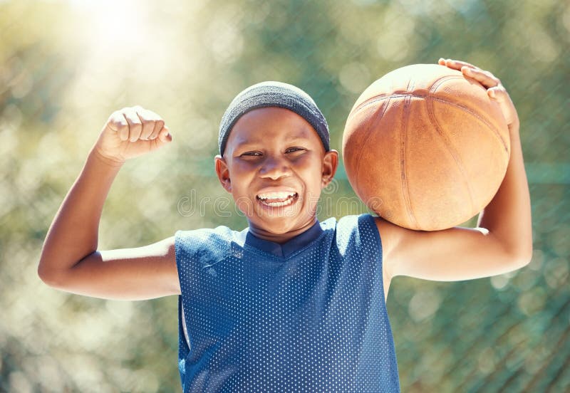 Child, basketball and fun with strong black boy holding a ball and ready to play outside for fitness hobby, health and