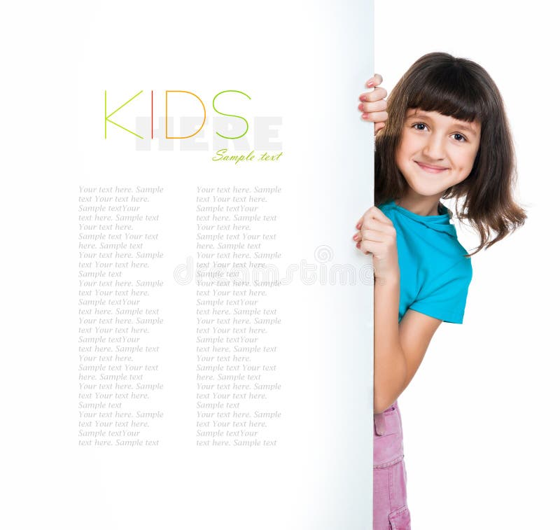 Child behind a board stock photo