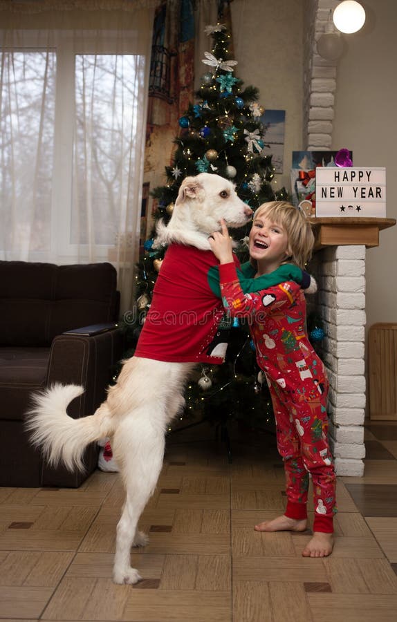 child boy in Christmas red pajamas and a white dog are hugging in a room at home in front of the Christmas tree