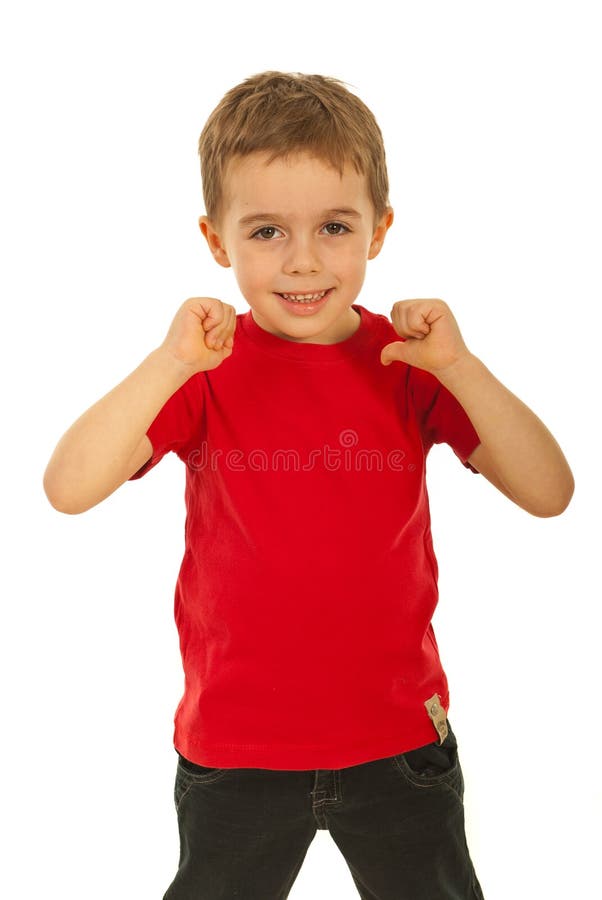 Child boy pointing to his t-shirt