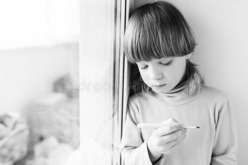 Child Boy Thermometer Measures Temperature. Stock Photo Image of
