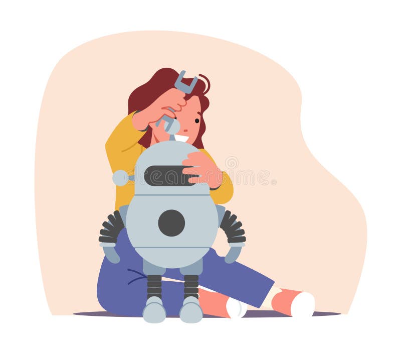 Child Character Enjoying Science Lesson, Create Engineering Project, Programming Smart Robot at Class or Workshop stock illustration