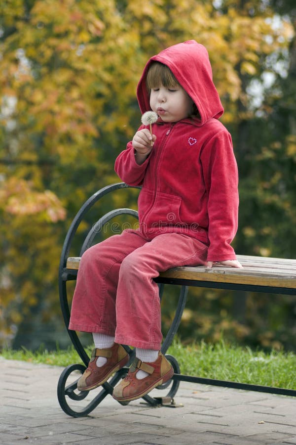 Child with dandelion sitting on bench