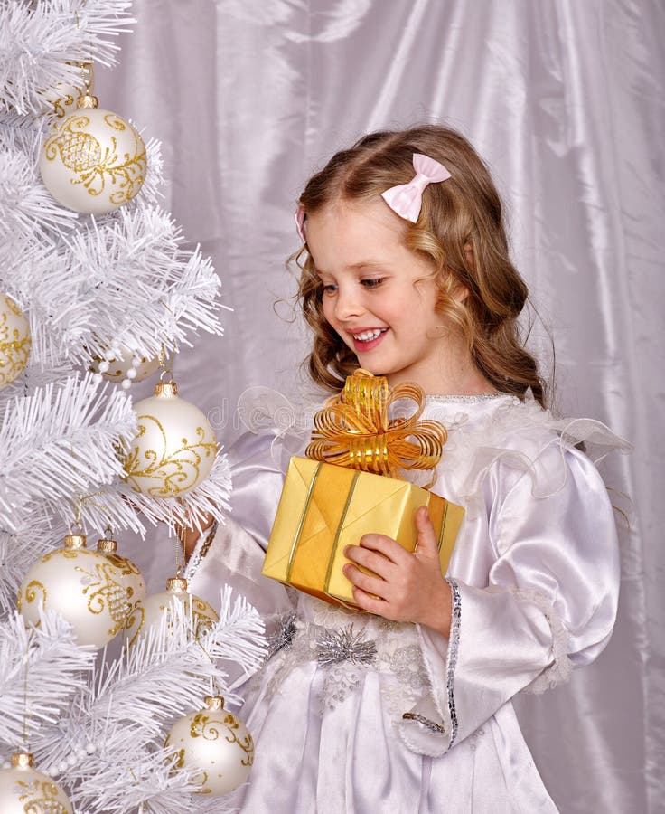 Child Decorate White Christmas Tree Stock Image Image of isolated