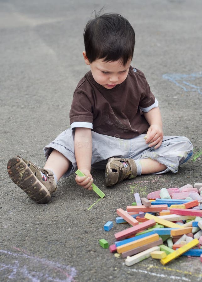 Kids Drawing With Chalk On Sidewalk Stock Image - Image of 