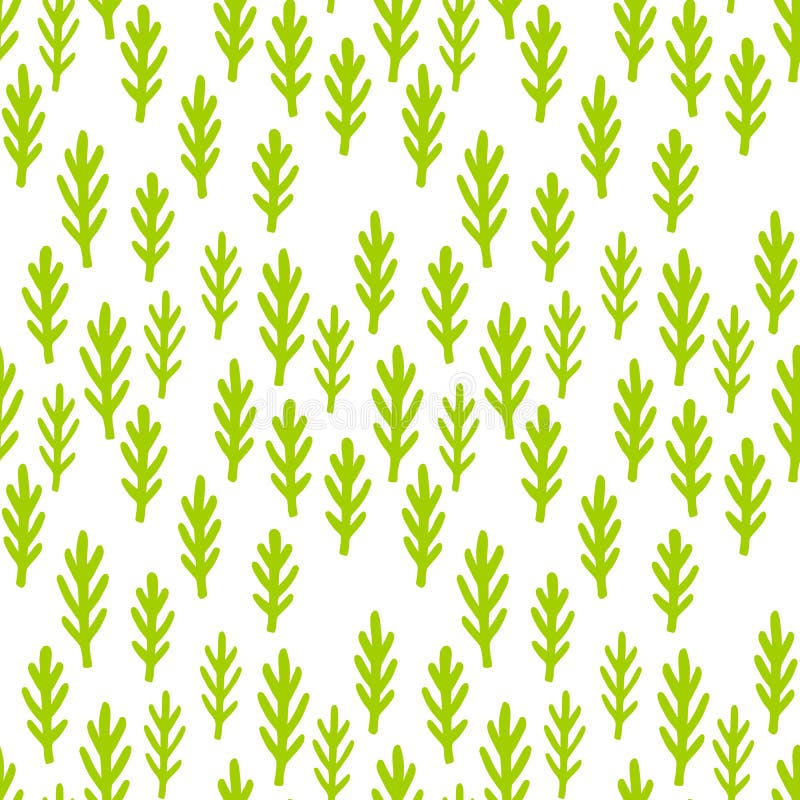Child drawing cute plants, grass seamless pattern. Green fairy forest branches background. Wallpaper print.