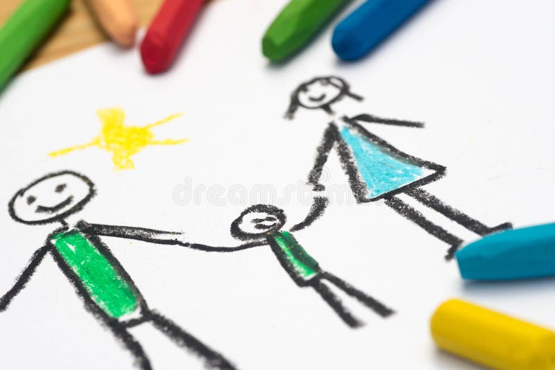 Child crayon drawing, happy family , selective focus