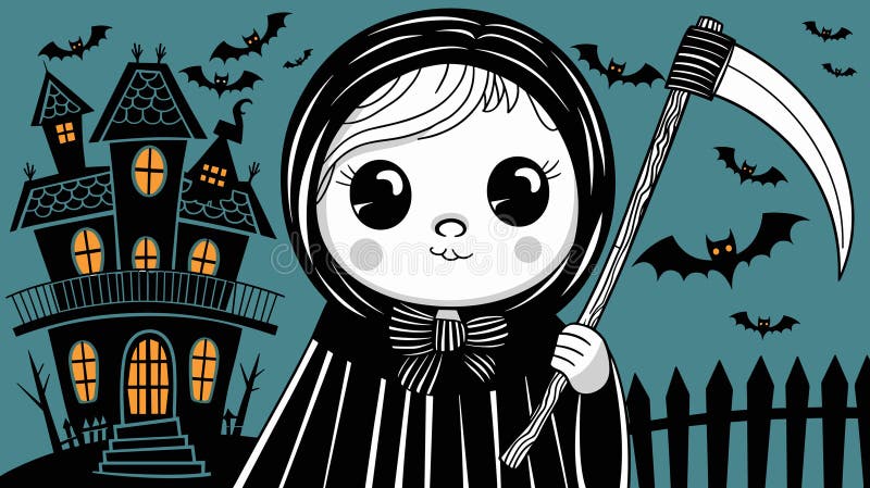 Child dressed as cute Grim Reaper with miniature scythe. stock illustration