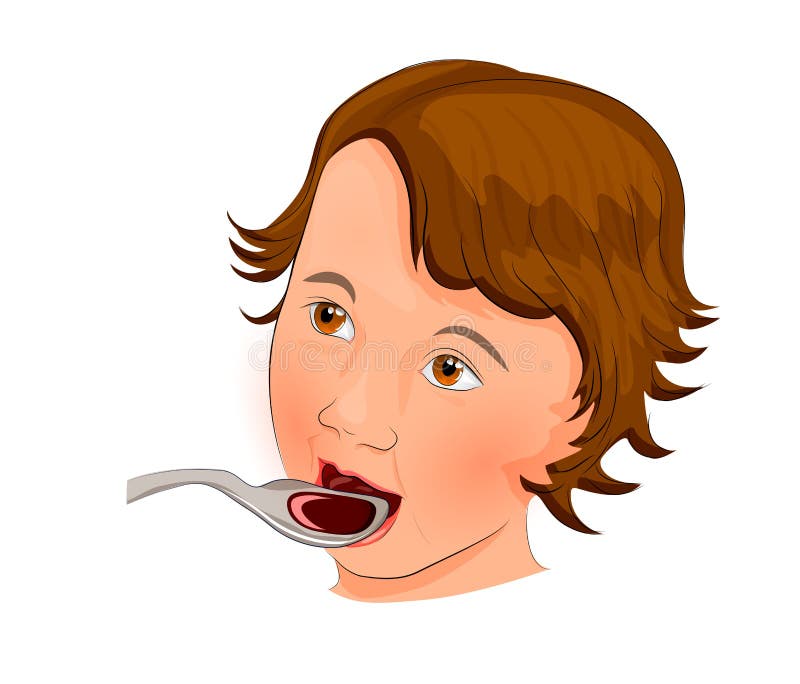 Child, drinking the syrup from a spoon. Illustration three year old child, drinking the syrup from a spoon