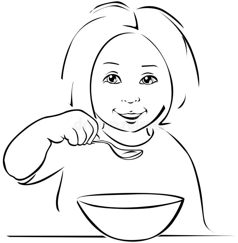 Child eating - black outline stock illustration