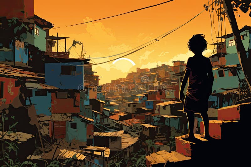 Child in Favela at Night AI Generated Stock Illustration Illustration