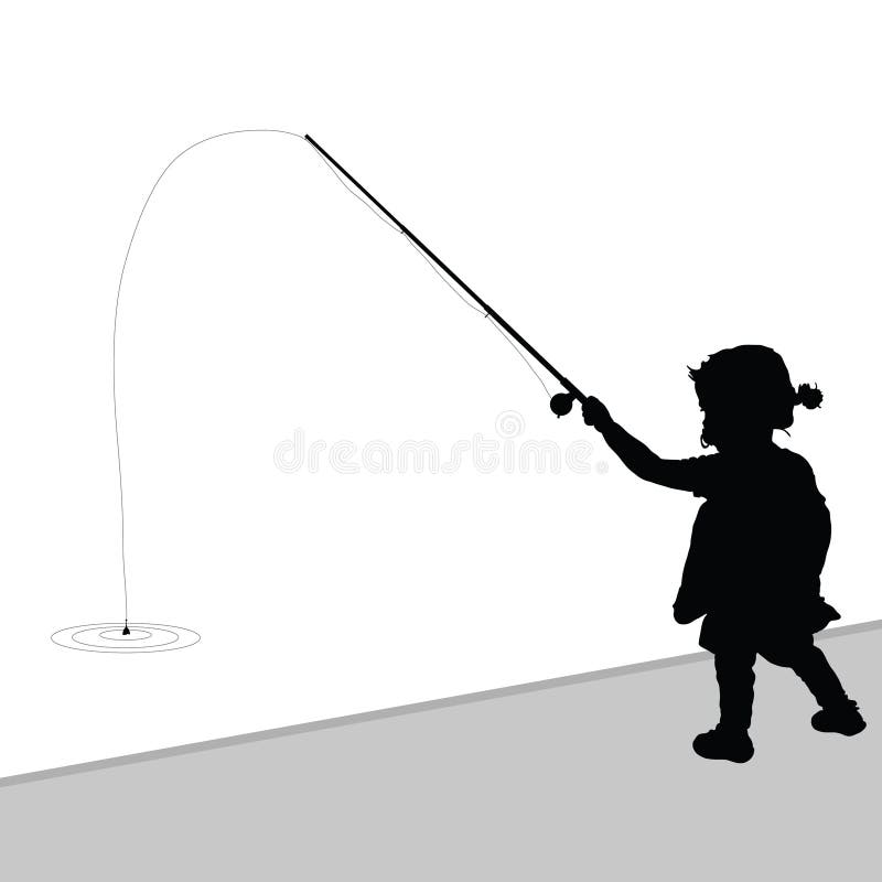 Child fishing art black illustration