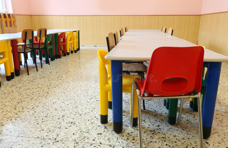 Childfriendly Dining Room with Small Chairs and Small Tables Stock