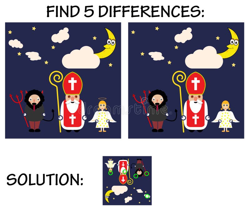 Child game - find 5 differences in pictures, with solution, Cute cartoon greeting card with Saint Nicholas, angel and devil cha. vector illustration Child game - find 5 differences in pictures, with solution, Cute cartoon greeting card with Saint Nicholas, angel and devil cha. vector illustration