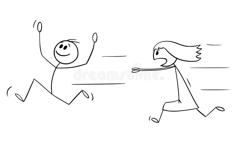 Child Girl Chasing Boy , Vector Cartoon Stick Figure Illustration Stock