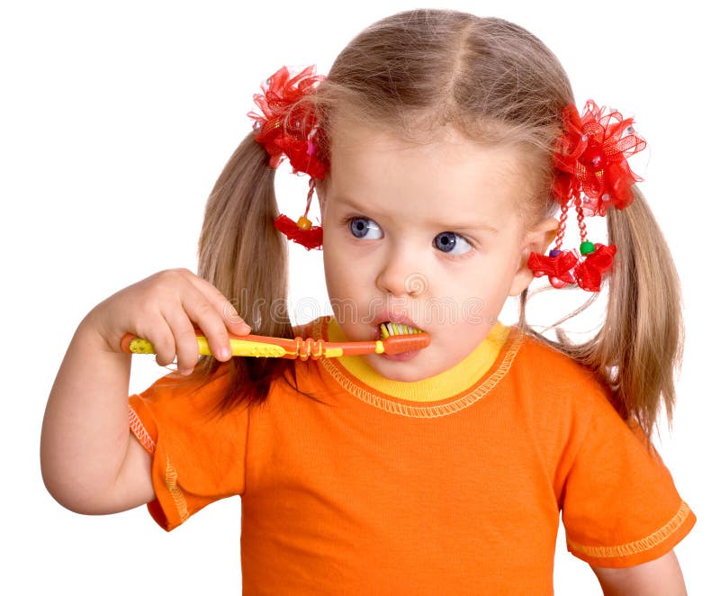 Child girl clean brush teeth.