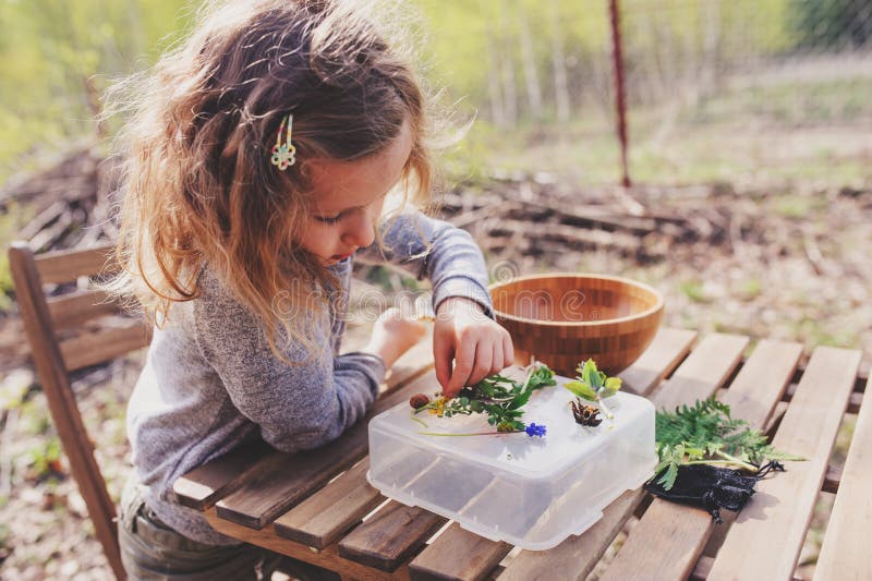 Child girl exploring nature in early spring forest. Kids learning to love nature. Teaching children about seasons changing.