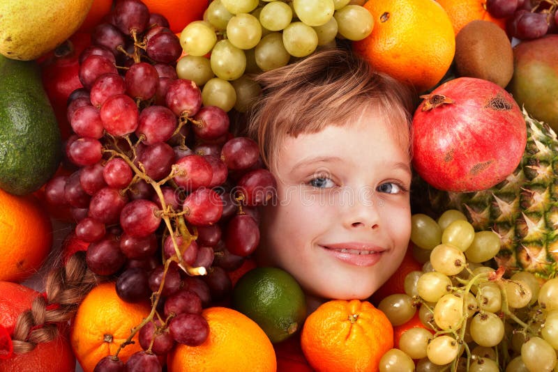 Child girl in group of fruit. stock photos Child girl in group of fruit. stock photos