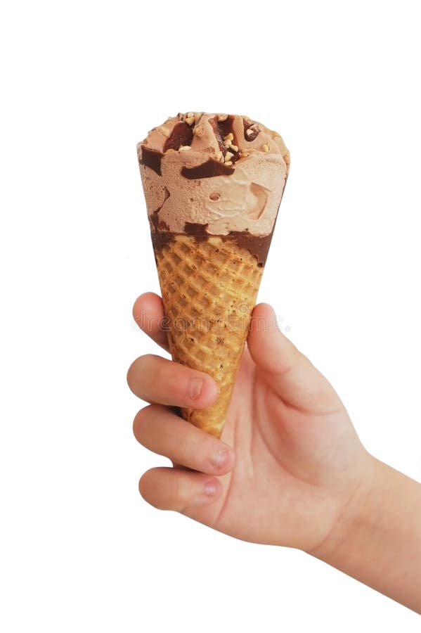 Child hand holding ice cream isolated on white