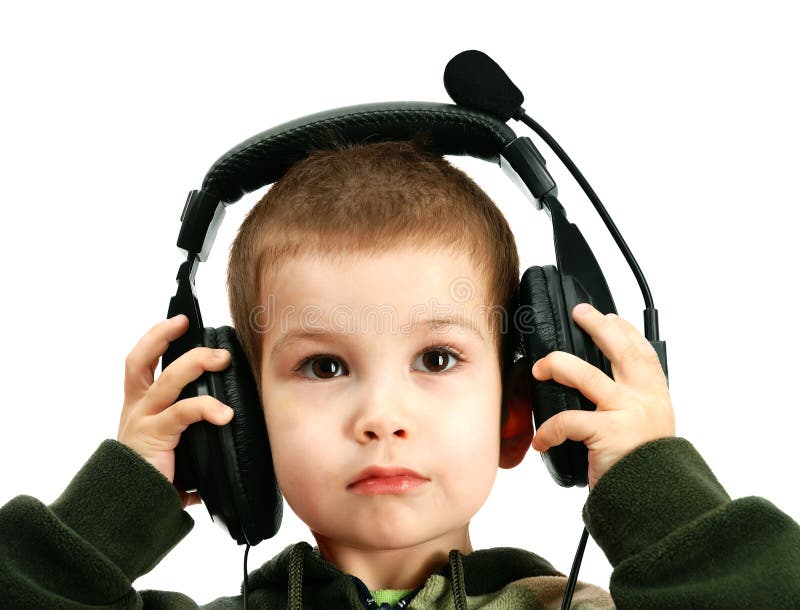The child in headphones stock image. Image of sound, background 10719593
