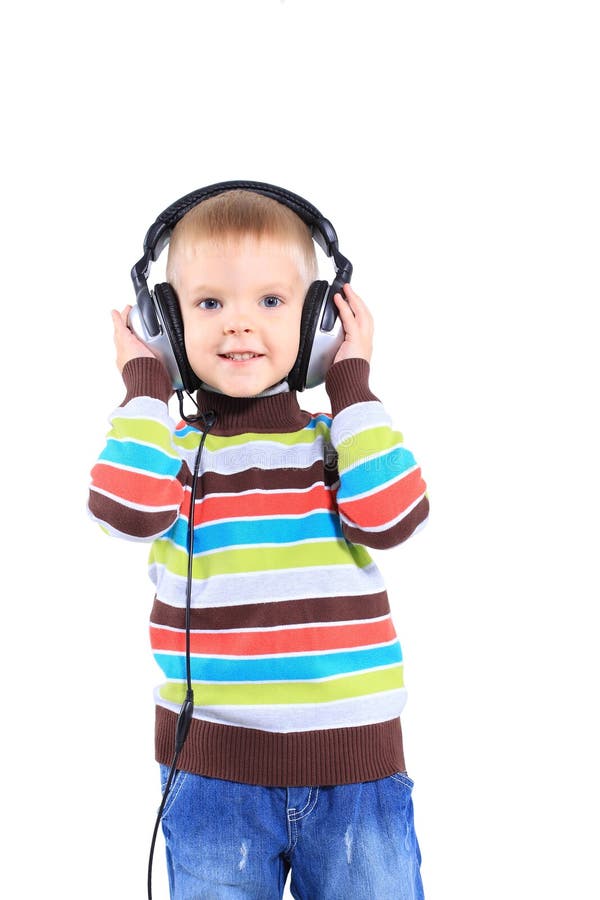 Child in headphones, white background stock photography Child in headphones, white background stock photography