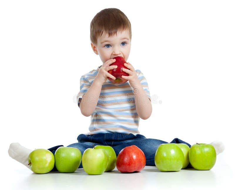 Child with healthy food apples