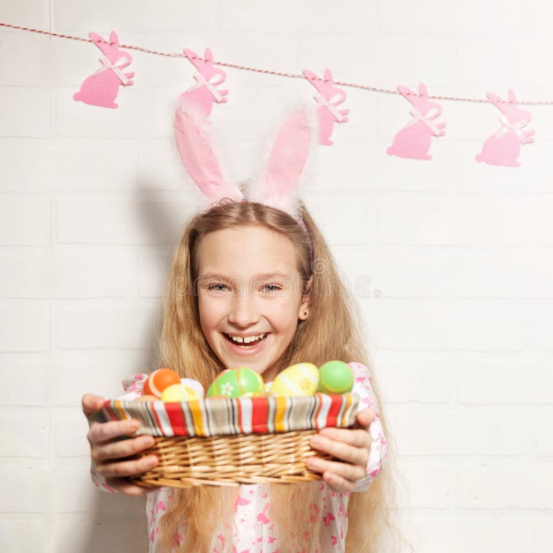Child is Holding a Basket with Easter Eggs Stock Image Image of
