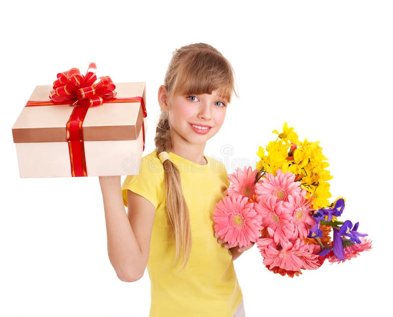 Child Holding Gift Box and Flowers. Stock Image Image of flower