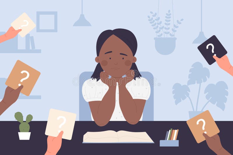 Child with learning problem, girl sitting at table, thinking about answer on question vector illustration