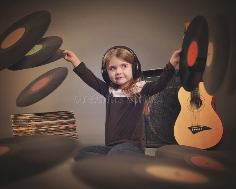 Child Listening to Music Vintage Records