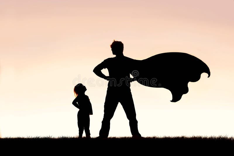 Child Looking up in Admiration to Cape Wearing Superhero Father