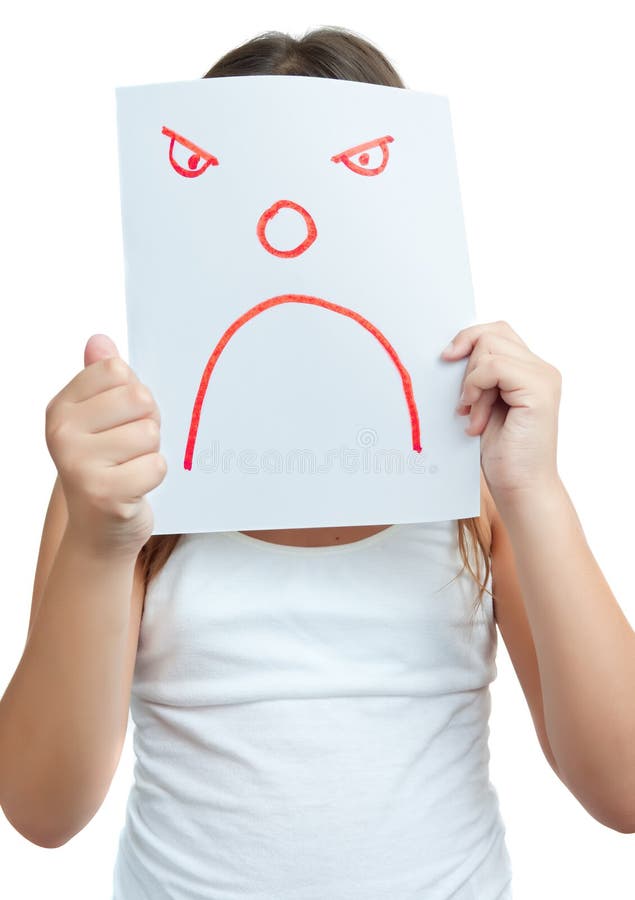 Child with a paper mask with an angry face isolated on white