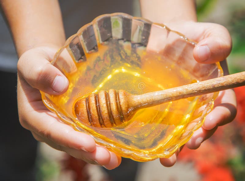 Honey pot in hands . stock image. Image of object, background 96409145