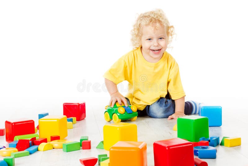 Child Play Blocks Toys, Kid Playing Isolated on White