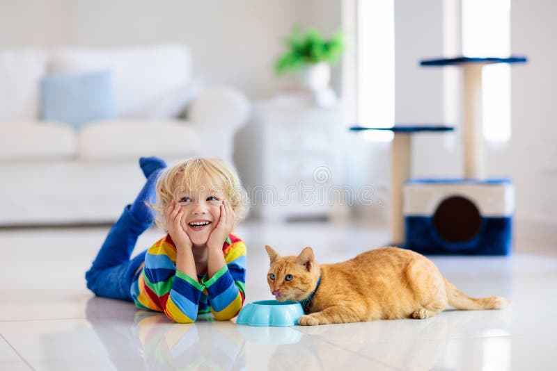 Child playing with cat at home. Kids and pets