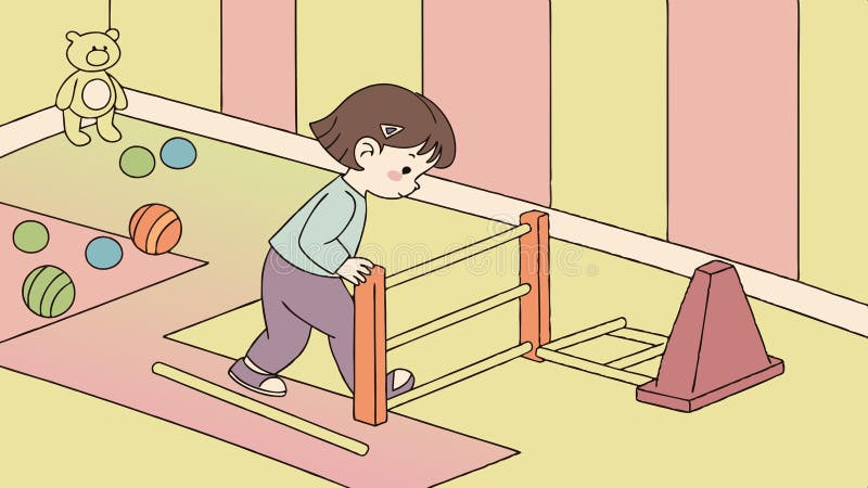 Child playing with cones indoors, imaginative play and obstacle course vector design Generative AI stock illustration
