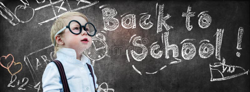 Portrait Cute Little Boy with Glasses Child Prodigy Dark Chalking Board Text Sign Concept Back to School Black Background. Portrait Cute Little Boy with Glasses Child Prodigy Dark Chalking Board Text Sign Concept Back to School Black Background