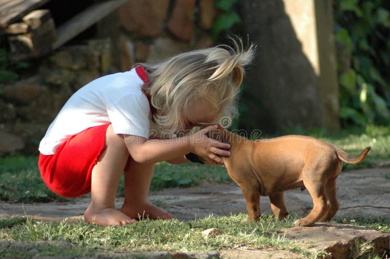 Attiva piccolo biondo caucasica bambino bambina di abbracciare il suo giovane cane, un Rhodesian Ridgeback dog cucciolo animale, in giardino, tenendo la sua testa.