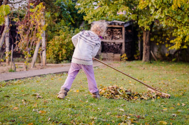 Child raking fallen leaves stock photo. Image of fall - 127708980