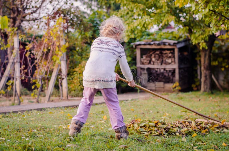 Child raking fallen leaves stock image. Image of active - 127709183