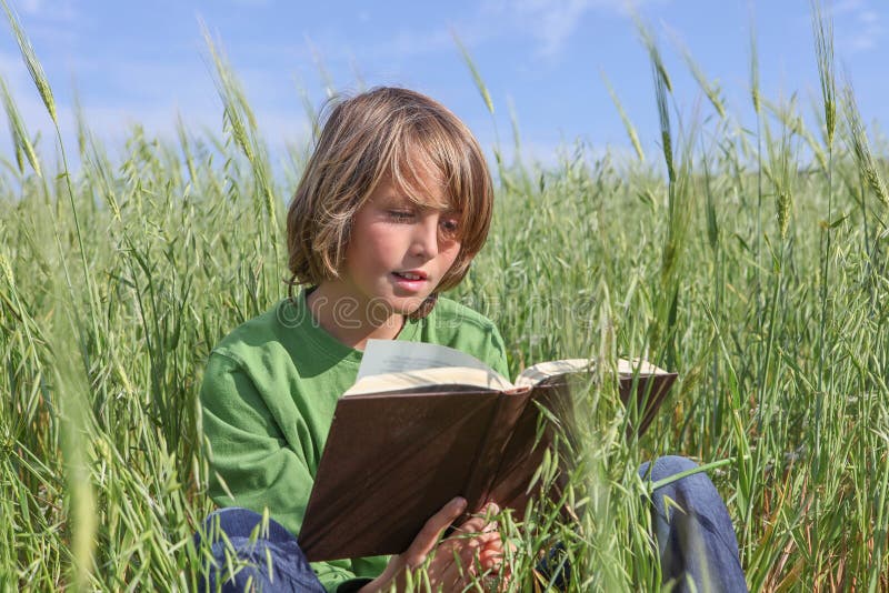 Child reading book or bible outdoors.