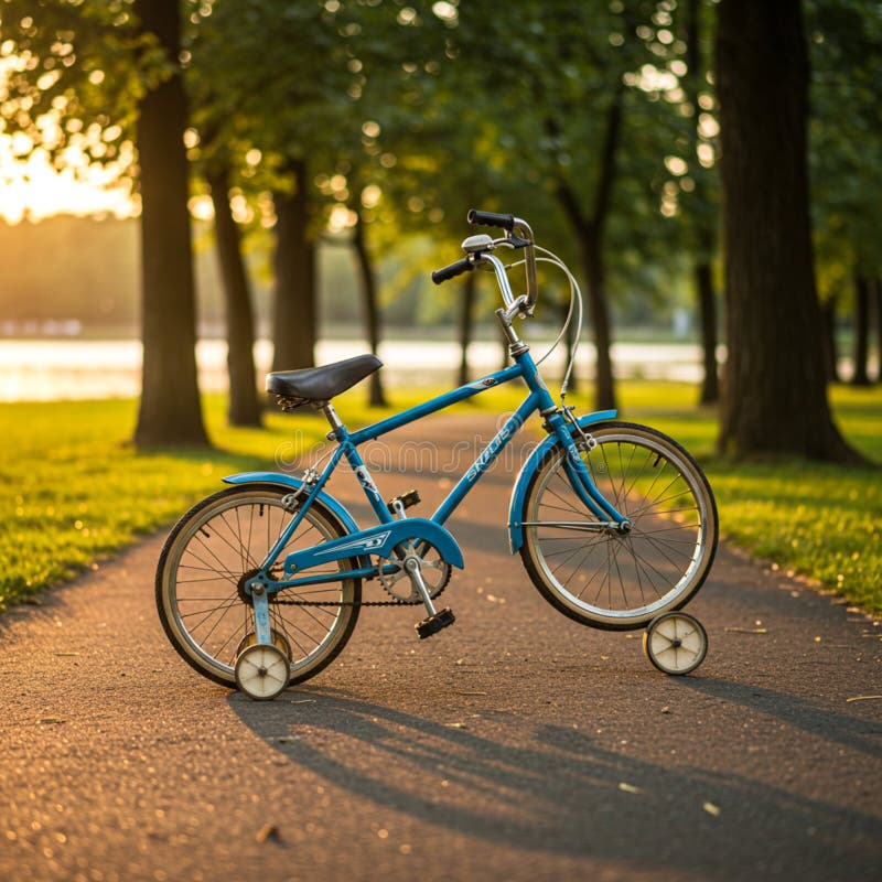 A child\'s blue bicycle with training wheels is placed on a paved path in a park. royalty free illustration