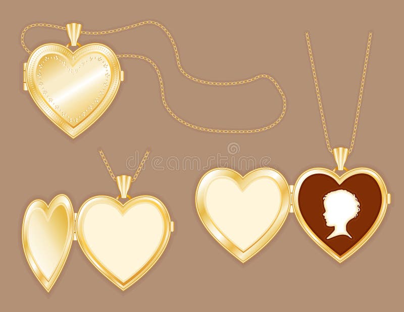Vintage cameo of a young child in a heart shape antique gold locket with gold chains, closed locket and half open locket, taupe background. Add your own pictures to these old fashioned keepsakes. Shaped gift vectors